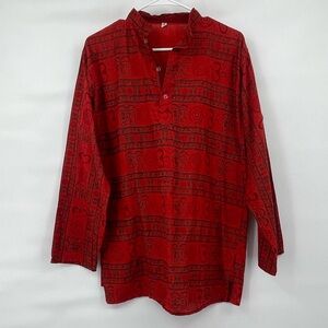Cotton flower 100% cotton red pattern long sleeve tunic